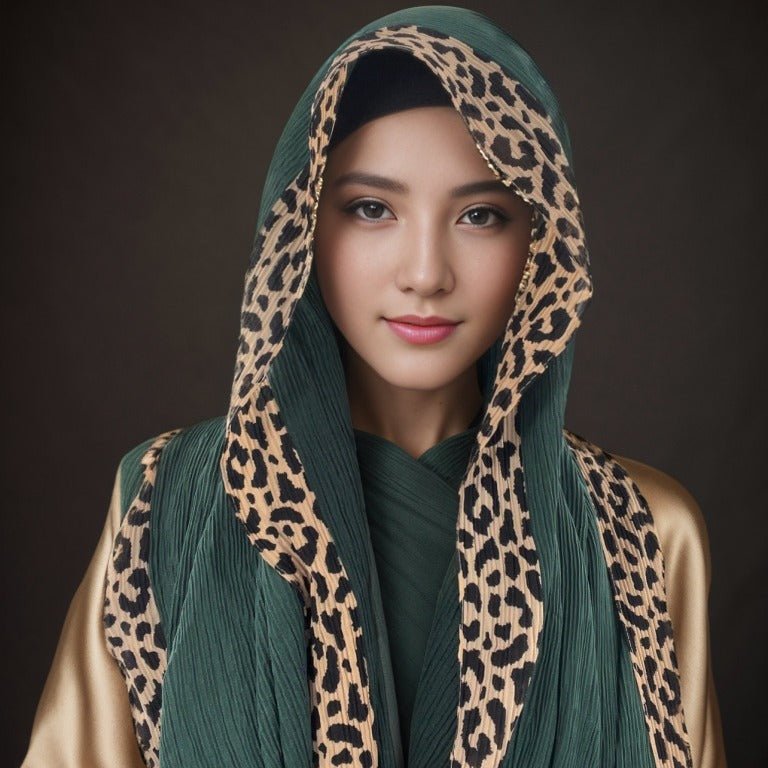 Solid Color Leopard - Print Embellished Crinkle Scarf Hijab (MH181) - Mariam's Collection
