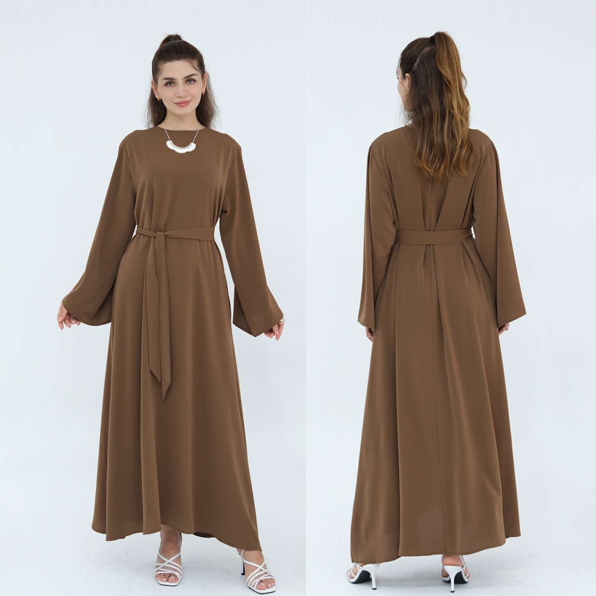 Solid Color Nida Abaya with Belt | A - Line Maxi Dress(MA359) - Mariam's Collection