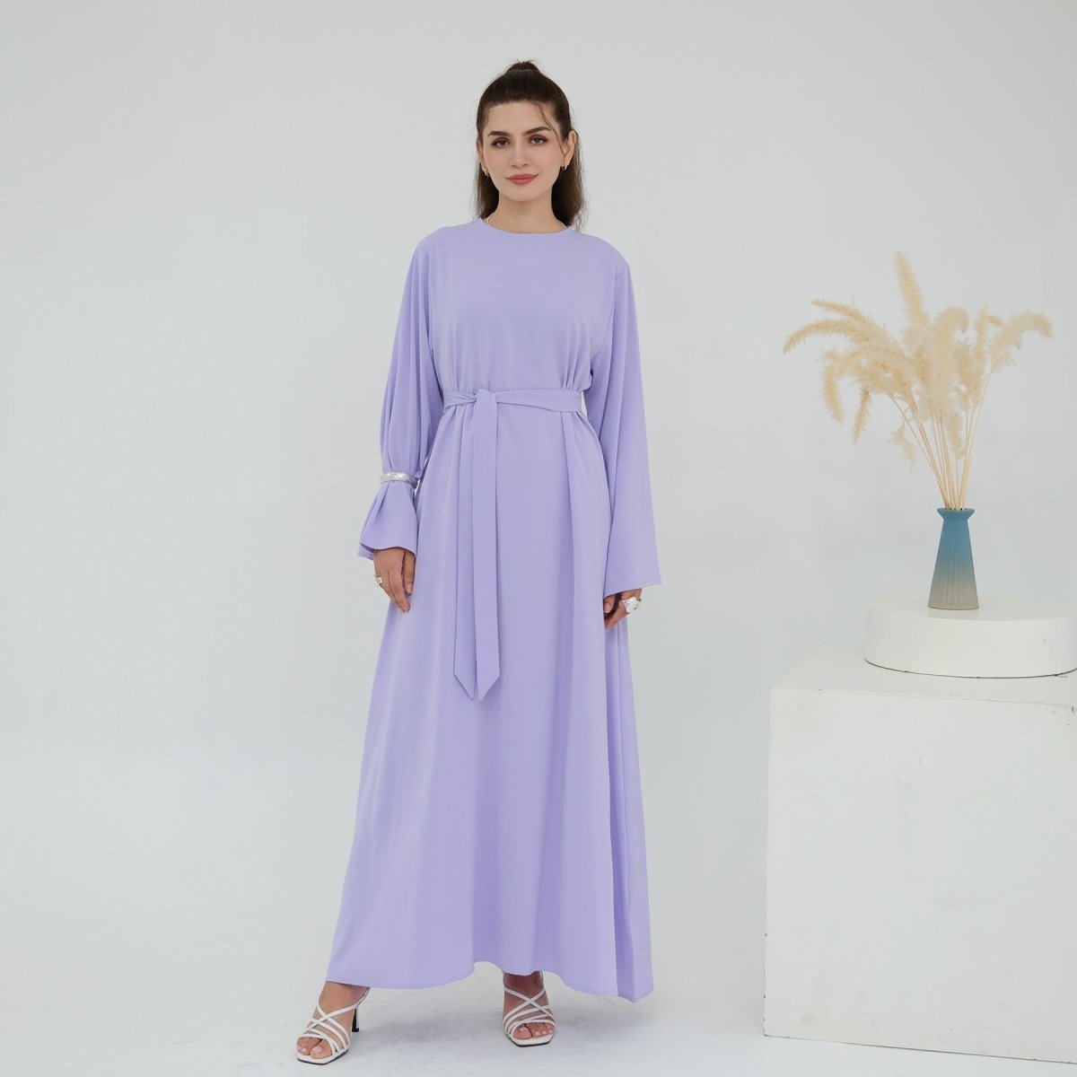 Solid Color Nida Abaya with Belt | A - Line Maxi Dress(MA359) - Mariam's Collection