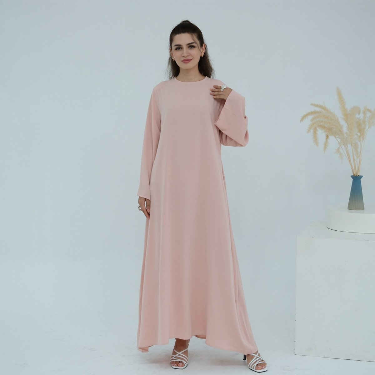 Solid Color Nida Abaya with Belt | A - Line Maxi Dress(MA359) - Mariam's Collection