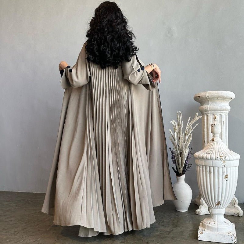 Solid Color Pleated Abaya Cardigan | Modest Long Dress with Open Front for Autumn & Winter(MOA218) - Mariam's Collection