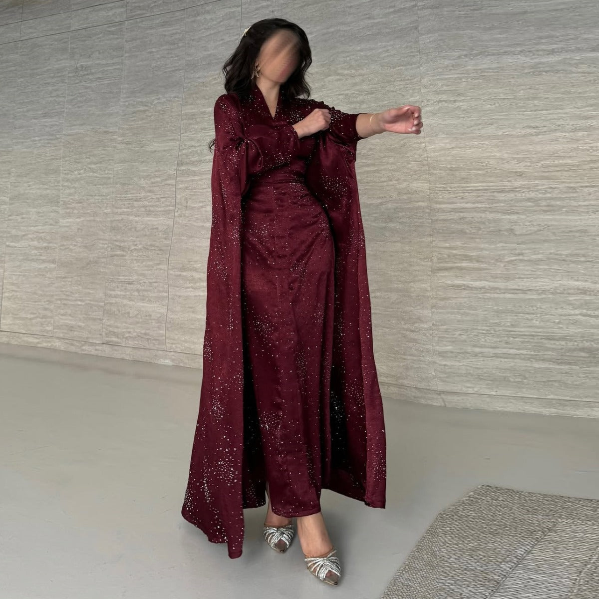 Solid Color Starry Night Diamond Embellished Abaya | Luxurious Sparkly Maxi Dress for Modest Elegance(MA287) - Mariam's Collection