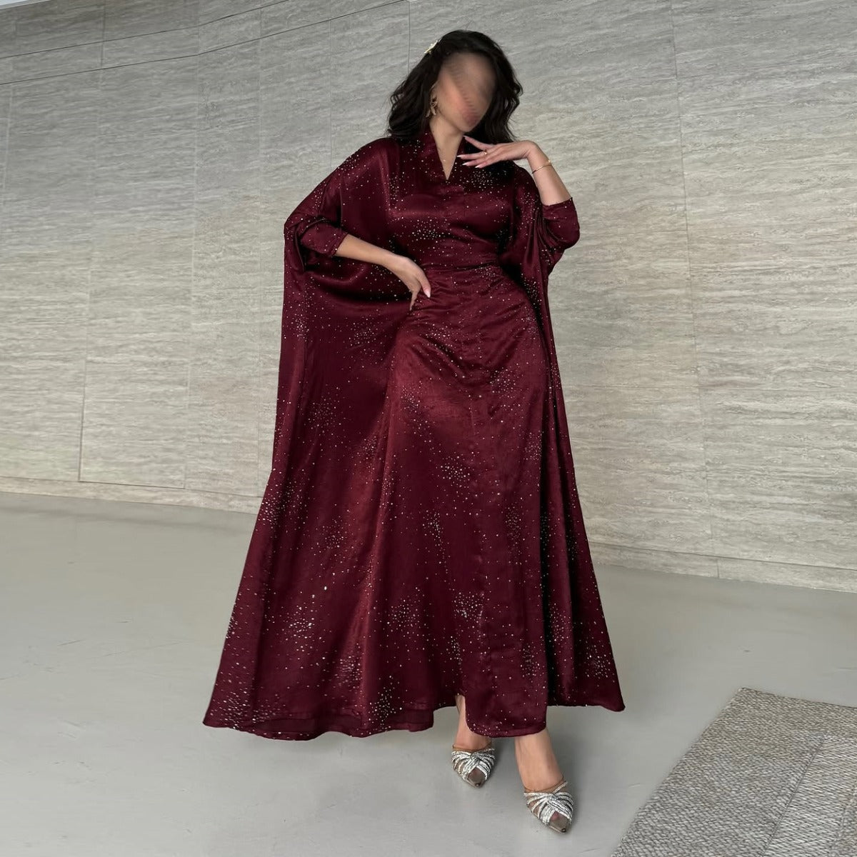 Solid Color Starry Night Diamond Embellished Abaya | Luxurious Sparkly Maxi Dress for Modest Elegance(MA287) - Mariam's Collection