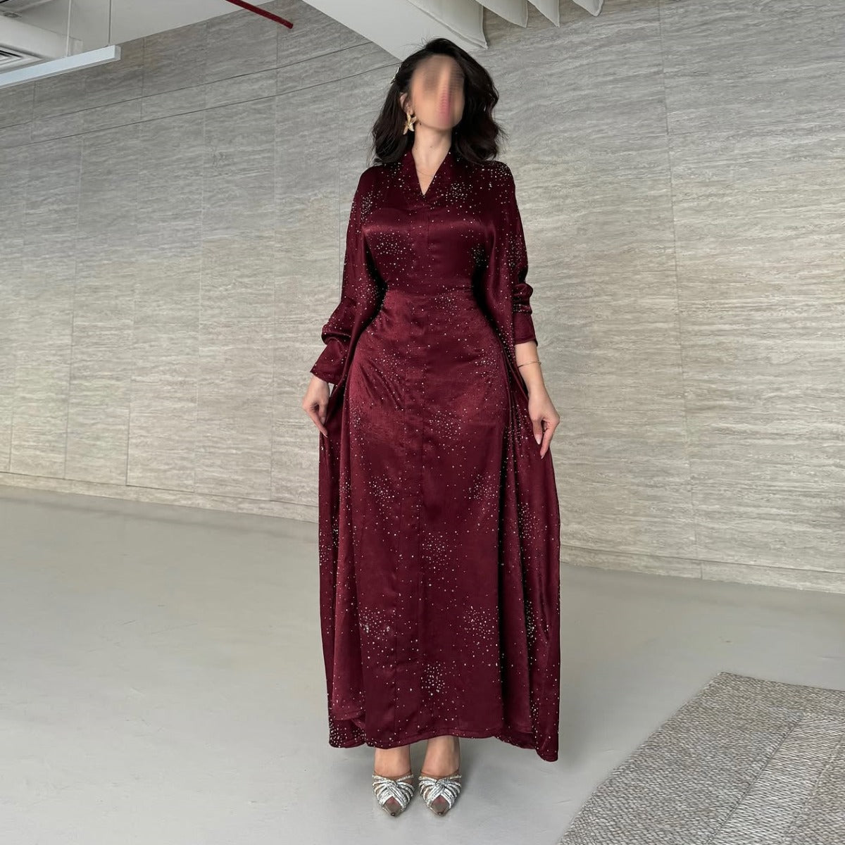 Solid Color Starry Night Diamond Embellished Abaya | Luxurious Sparkly Maxi Dress for Modest Elegance(MA287) - Mariam's Collection