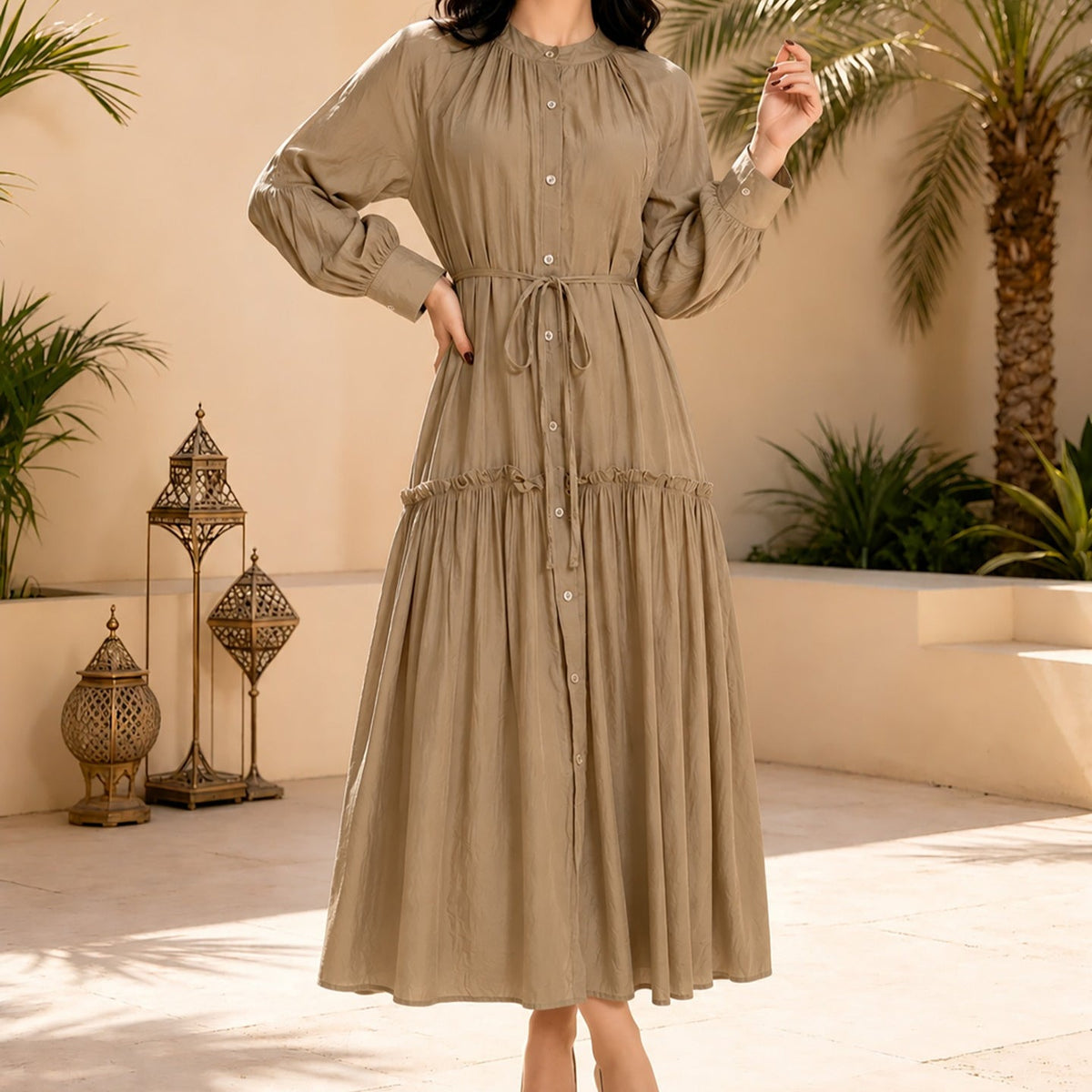 Neckline detail of solid colour everyday abaya