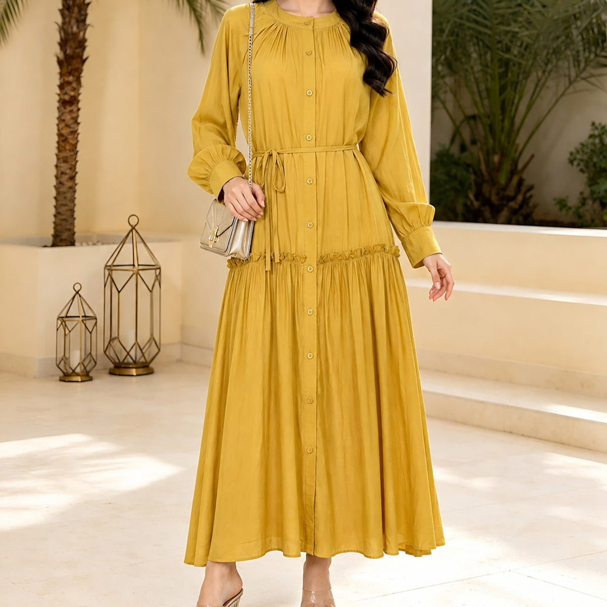 Modest flared abaya styled for Eid and family gatherings