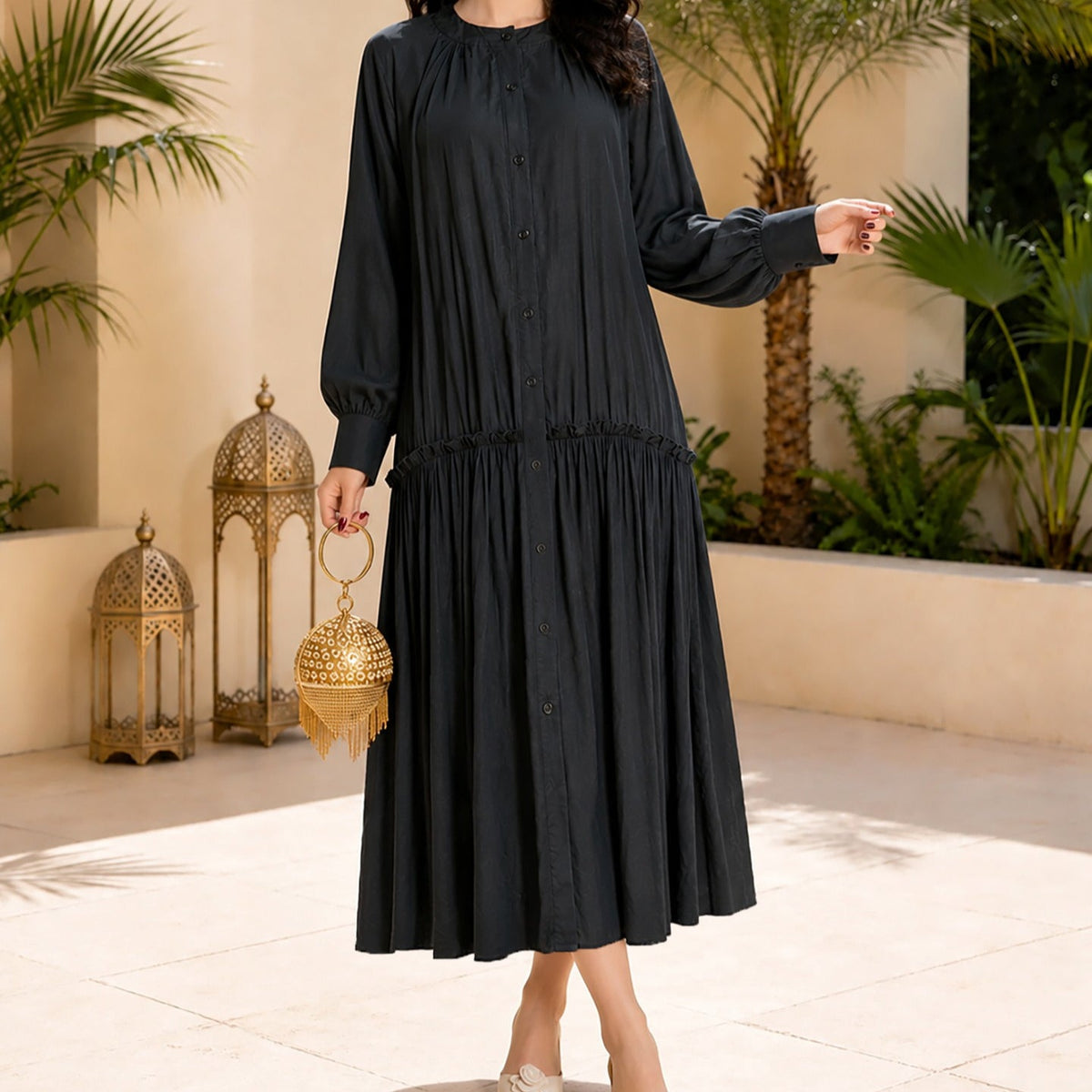 Fabric drape close-up of tie-waist maxi abaya dress