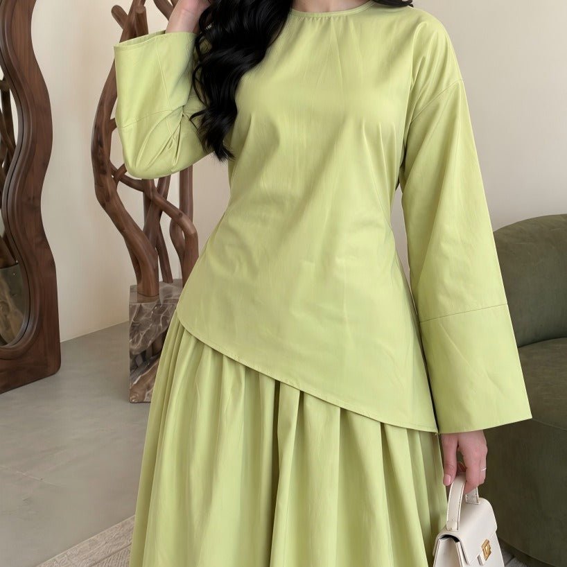 Back view of modest two-piece maxi skirt set in solid colour