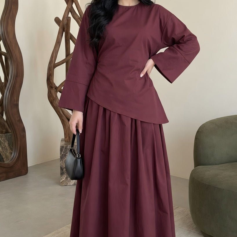 Matching top and long skirt worn separately to show versatile styling