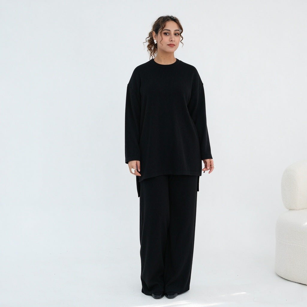 Side profile of solid knit co-ord styled together