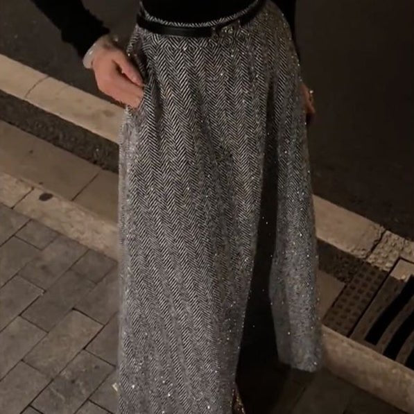 Sparkle Tweed Midi Skirt with Pockets | High - Waist A - Line Herringbone Skirt(MS203) - Mariam's Collection