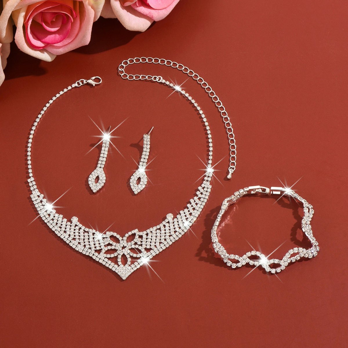 Sparkling Rhinestone Trio Earrings Necklace Bracelet Collection (MAC315) - Mariam's Collection