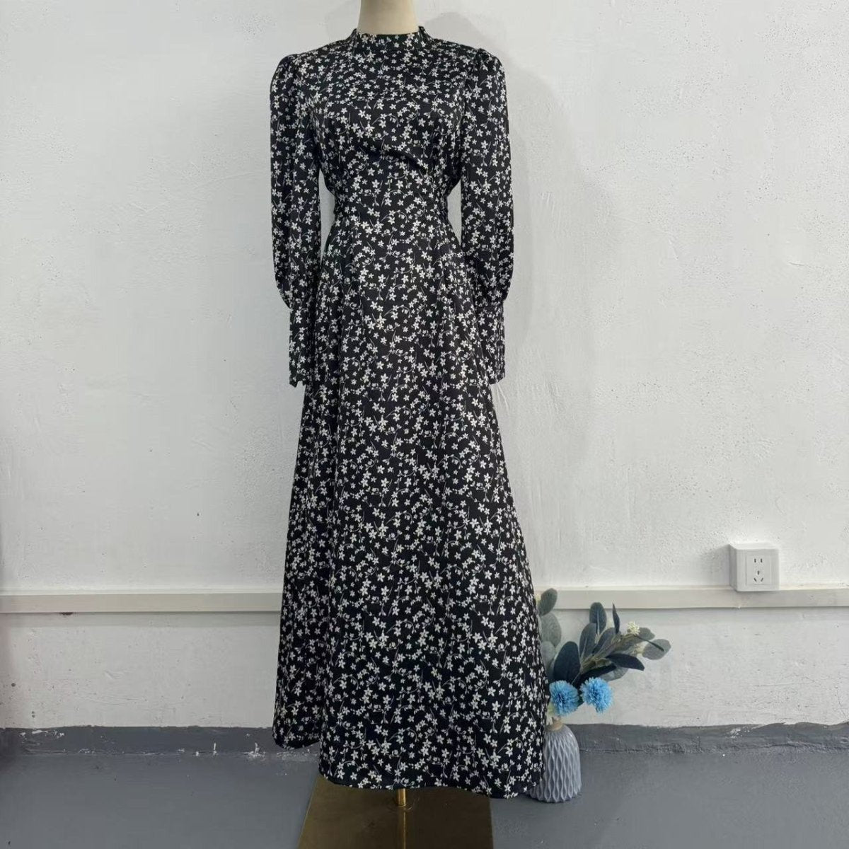 Spring Floral Satin Maxi Dress | High Neck Puff Sleeve Dress with Adjustable Waist Tie - Blue & White Botanical Print (MA236) - Mariam's Collection