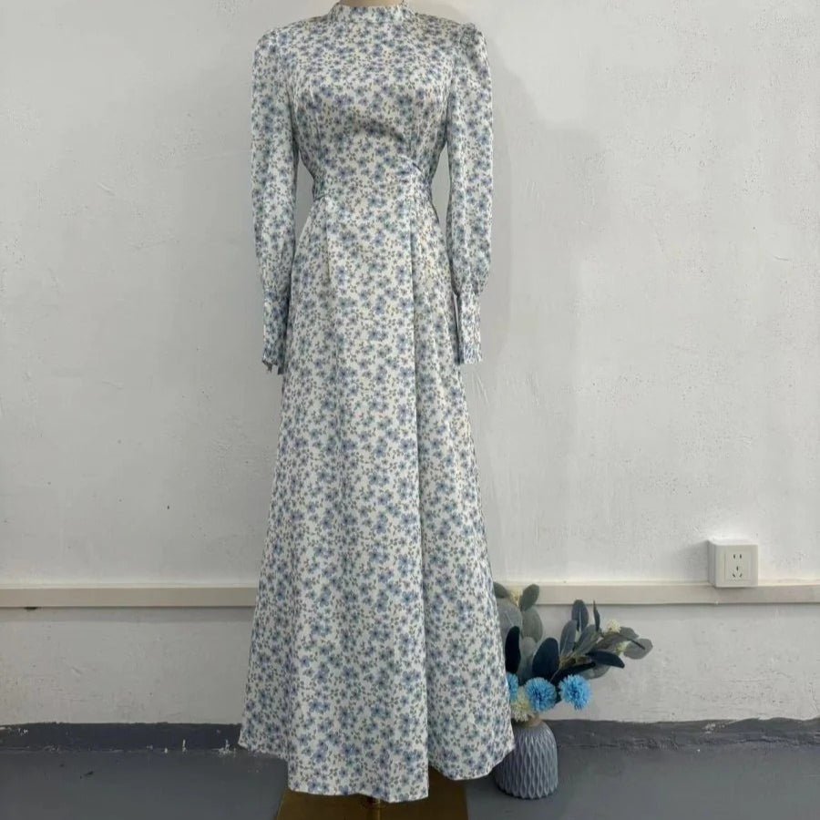 Spring Floral Satin Maxi Dress | High Neck Puff Sleeve Dress with Adjustable Waist Tie - Blue & White Botanical Print (MA236) - Mariam's Collection