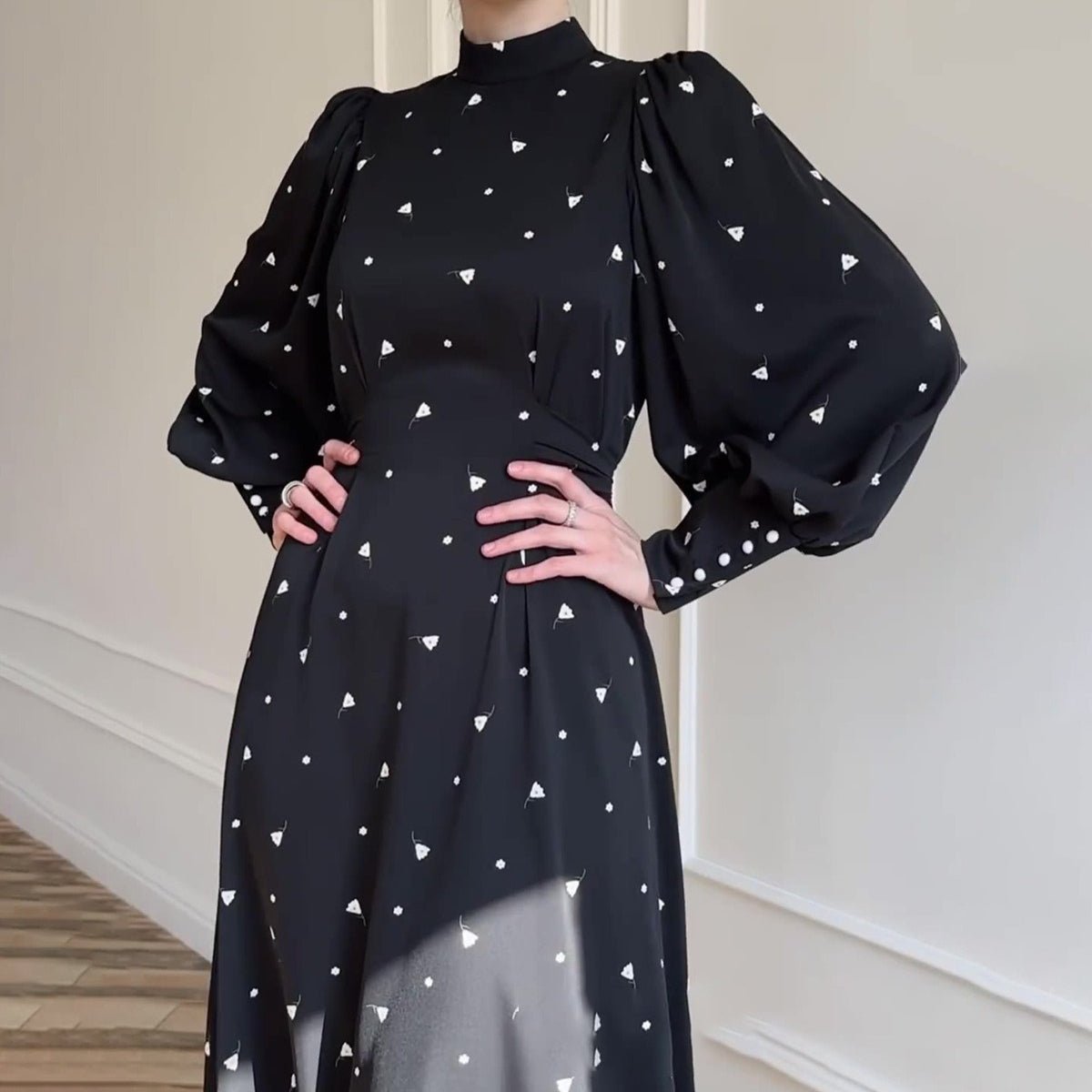 Spring Floral Satin Maxi Dress | High Neck Puff Sleeve Dress with Adjustable Waist Tie - Blue & White Botanical Print (MA236) - Mariam's Collection