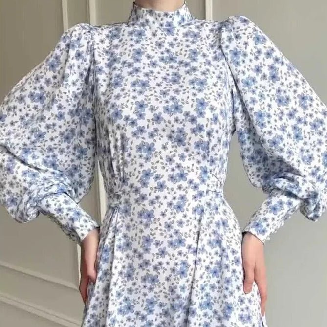 Spring Floral Satin Maxi Dress | High Neck Puff Sleeve Dress with Adjustable Waist Tie - Blue & White Botanical Print (MA236) - Mariam's Collection