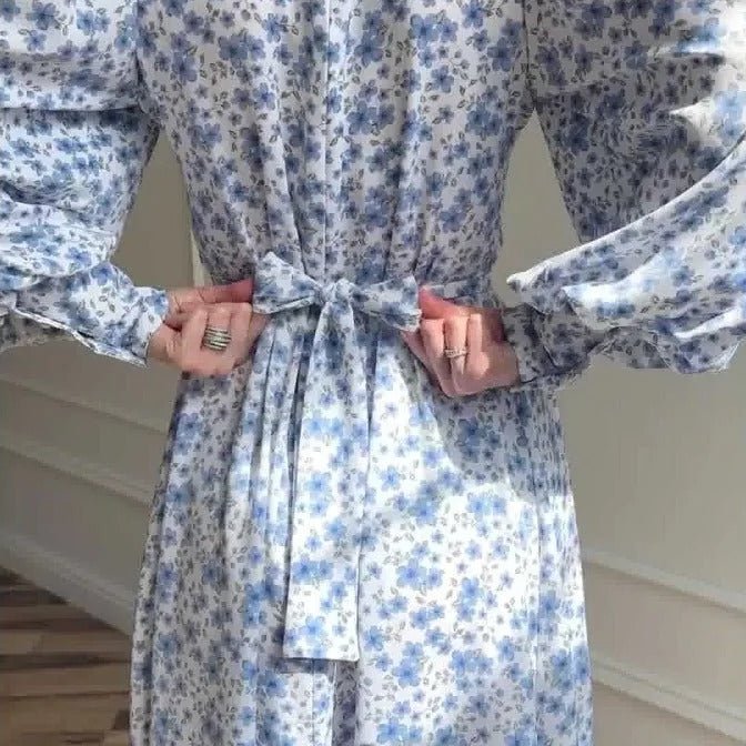 Spring Floral Satin Maxi Dress | High Neck Puff Sleeve Dress with Adjustable Waist Tie - Blue & White Botanical Print (MA236) - Mariam's Collection