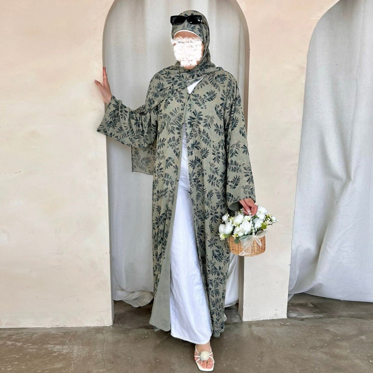 Spring Summer Floral Print Chiffon Cardigan | Double - Layer Modest Cover - Up Abaya. (MOA170) - Mariam's Collection