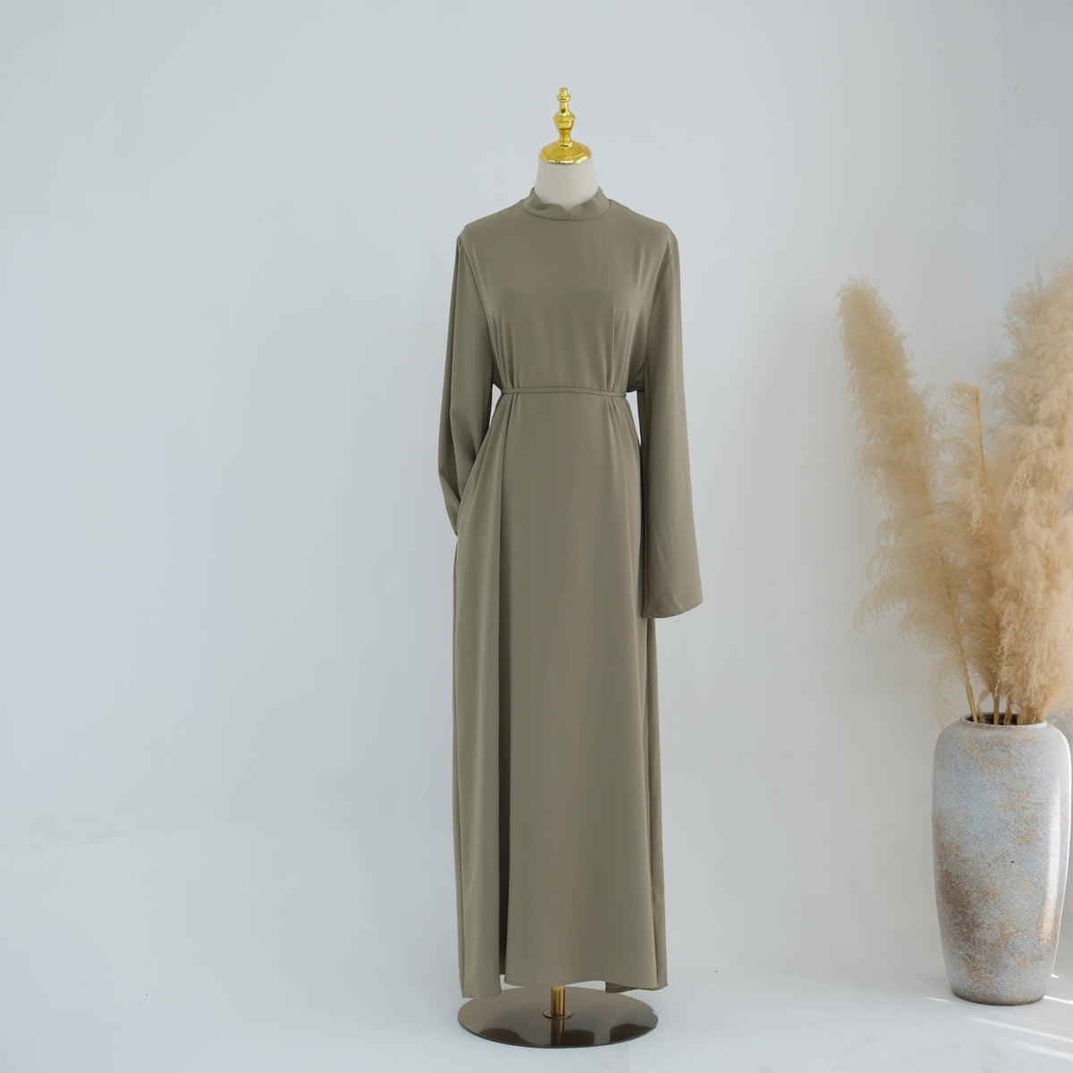 Stand-Collar Nida Maxi Dress | Long-Sleeve Belted Modest Dress(MA475) - Mariam's Collection