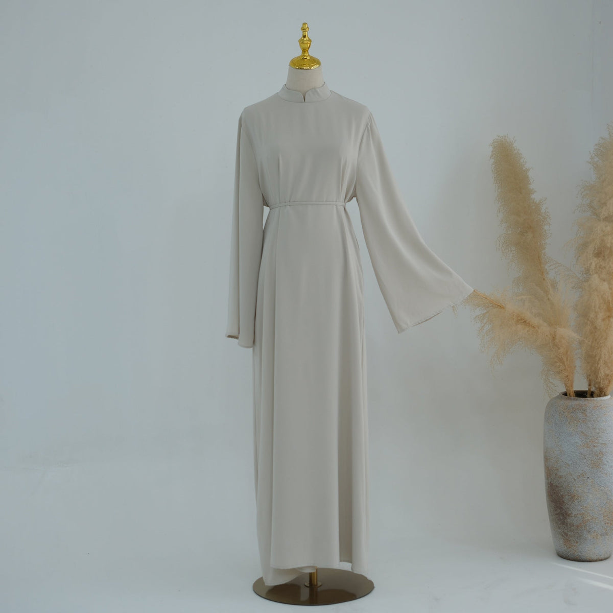 Stand-Collar Nida Maxi Dress | Long-Sleeve Belted Modest Dress(MA475) - Mariam's Collection