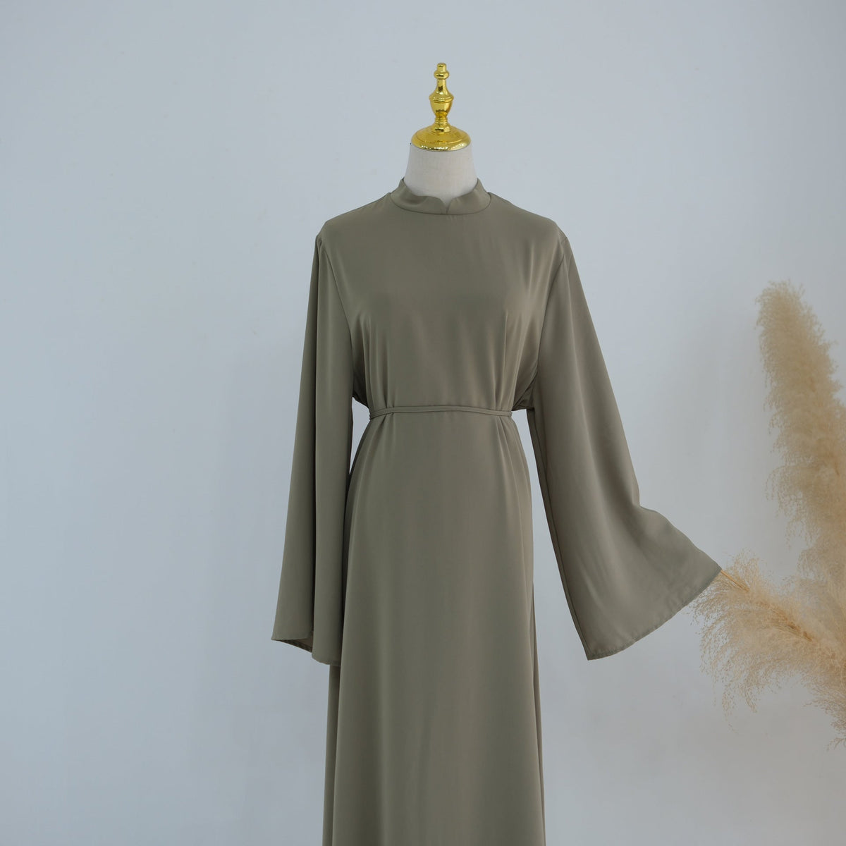 Stand-Collar Nida Maxi Dress | Long-Sleeve Belted Modest Dress(MA475) - Mariam's Collection
