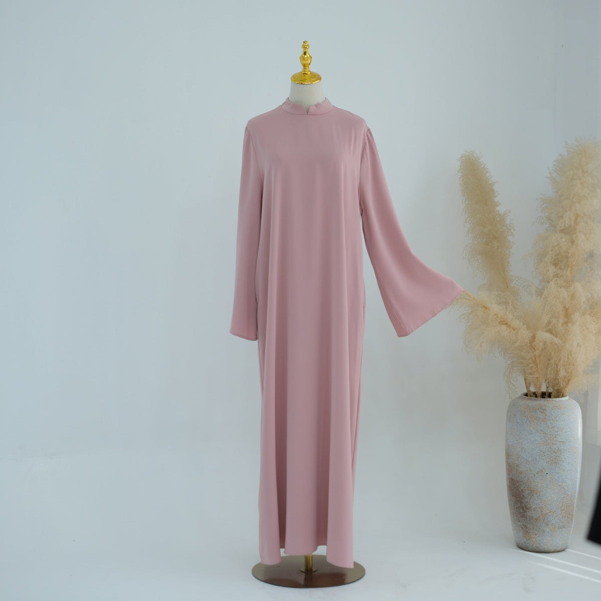 Stand-Collar Nida Maxi Dress | Long-Sleeve Belted Modest Dress(MA475) - Mariam's Collection