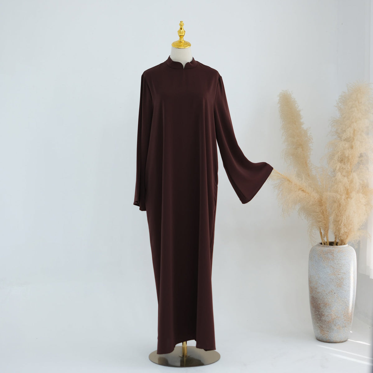 Stand-Collar Nida Maxi Dress | Long-Sleeve Belted Modest Dress(MA475) - Mariam's Collection