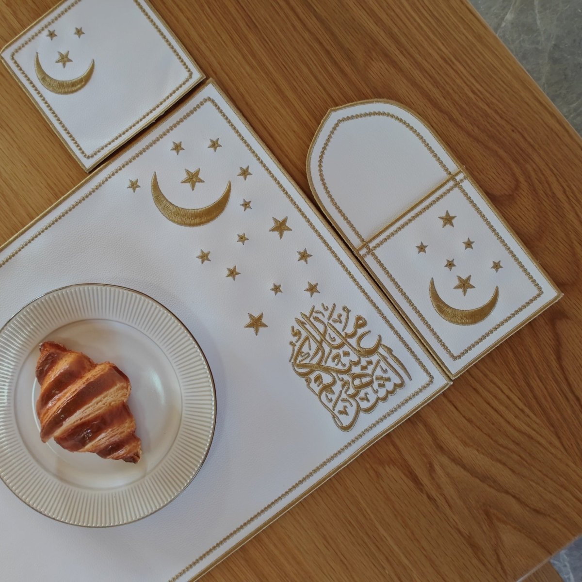 Star & Crescent Embroidered Leather Placemat Set | 3 - Piece Dining Table Decor (MAC390) - Mariam's Collection
