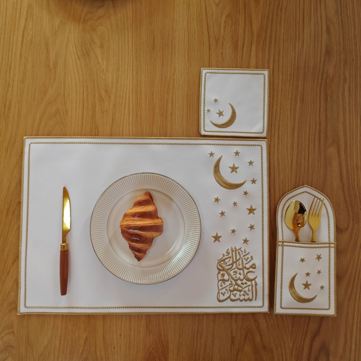 Star & Crescent Embroidered Leather Placemat Set | 3 - Piece Dining Table Decor (MAC390) - Mariam's Collection