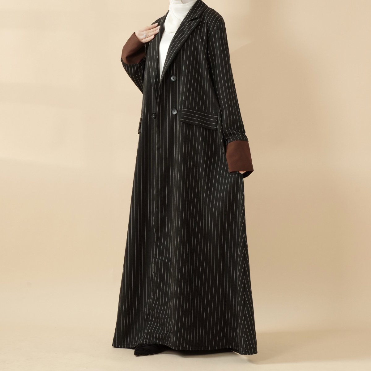 Striped Contrast Color Commuting Double - Breasted Trench Coat Open Abaya (MOA123) - Mariam's Collection