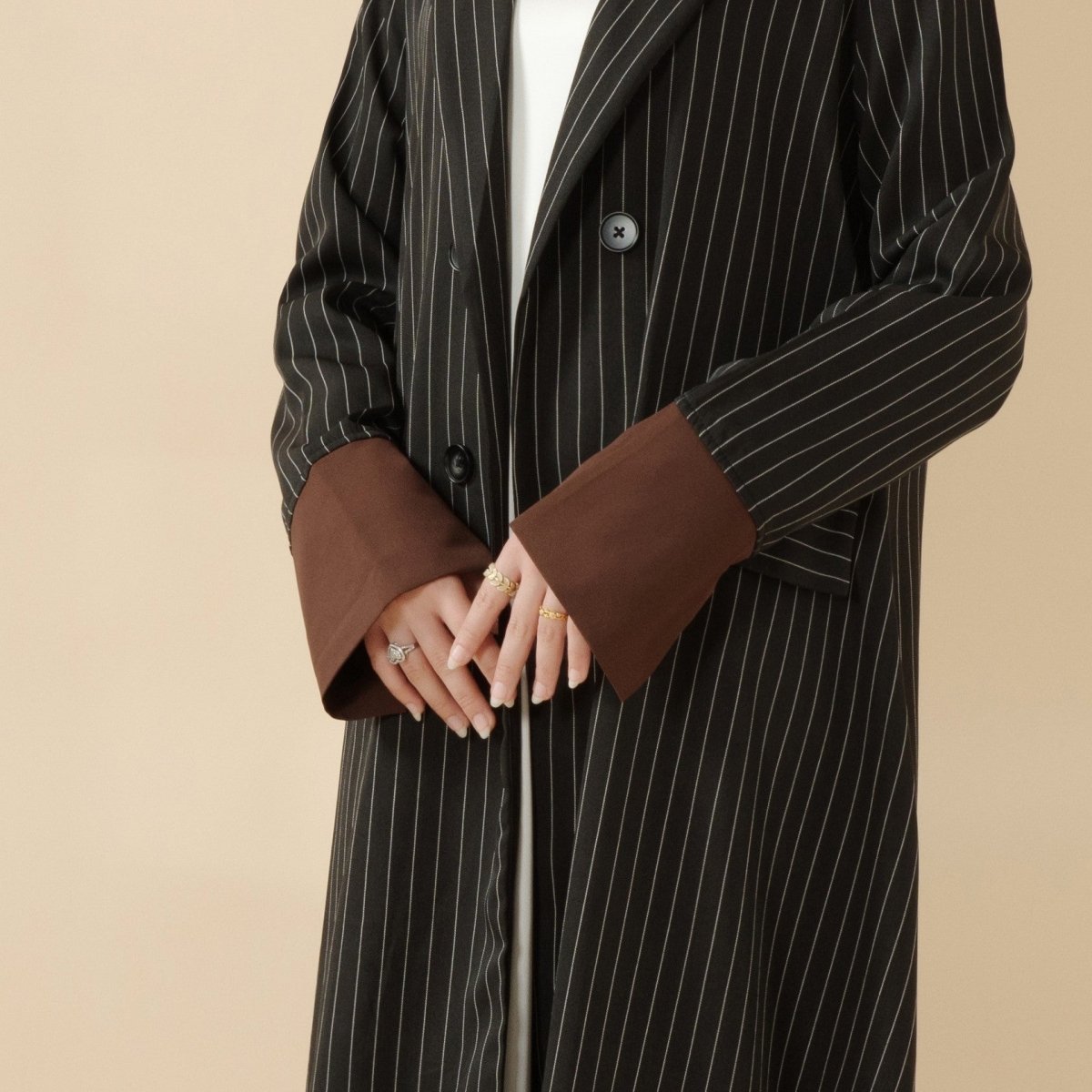 Striped Contrast Color Commuting Double - Breasted Trench Coat Open Abaya (MOA123) - Mariam's Collection