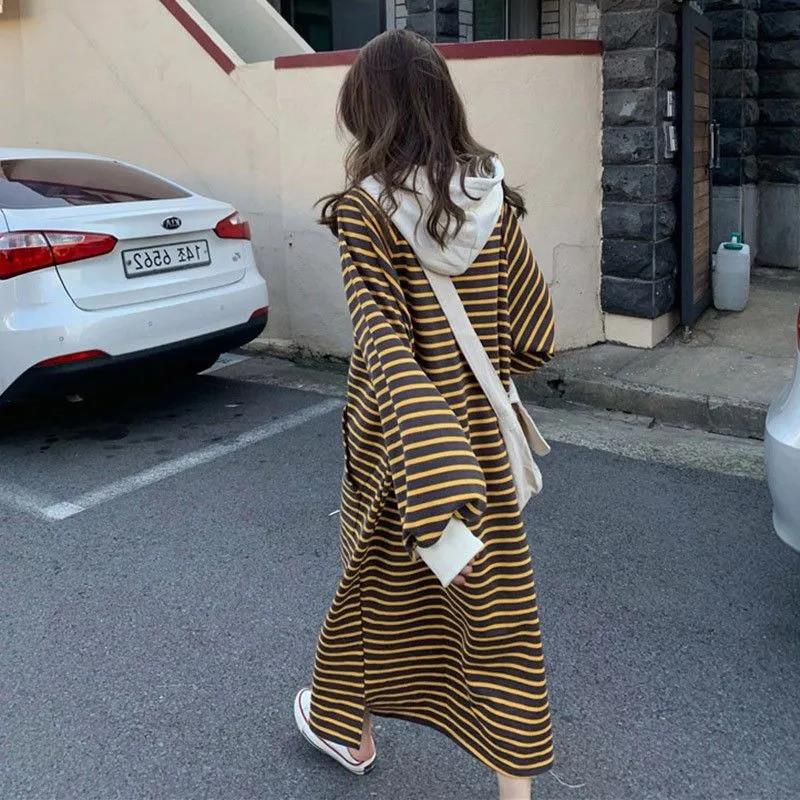 Striped Drawstring Hooded Long Sweater Dress (MS071) - Mariam's Collection