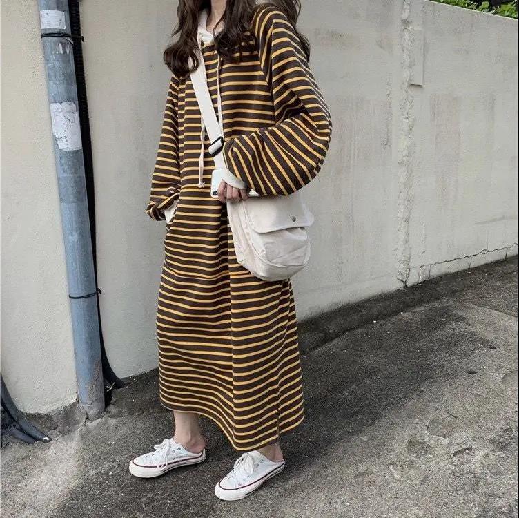 Striped Drawstring Hooded Long Sweater Dress (MS071) - Mariam's Collection