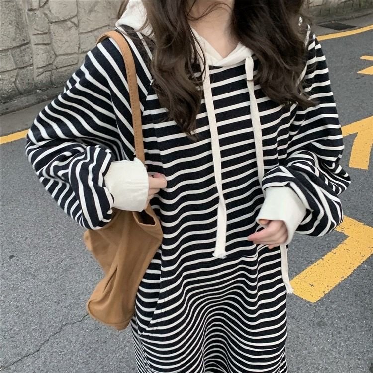 Striped Drawstring Hooded Long Sweater Dress (MS071) - Mariam's Collection