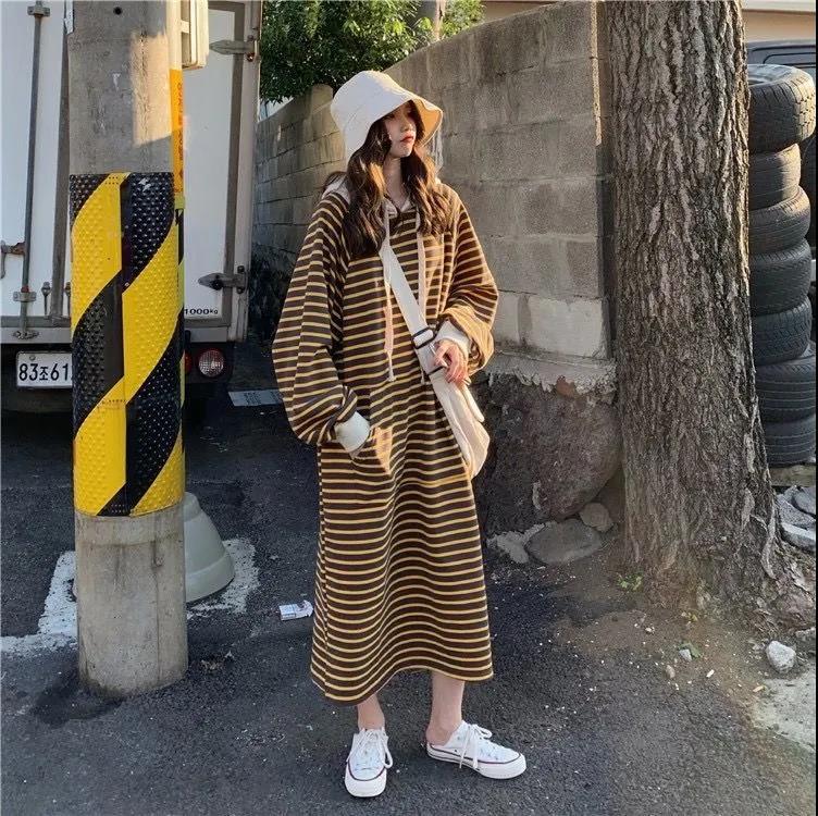 Striped Drawstring Hooded Long Sweater Dress (MS071) - Mariam's Collection