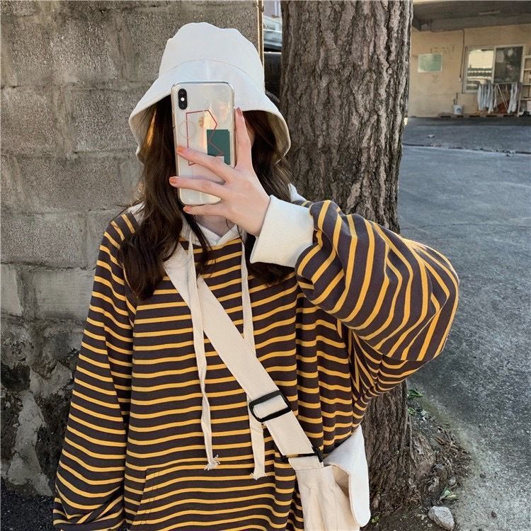 Striped Drawstring Hooded Long Sweater Dress (MS071) - Mariam's Collection