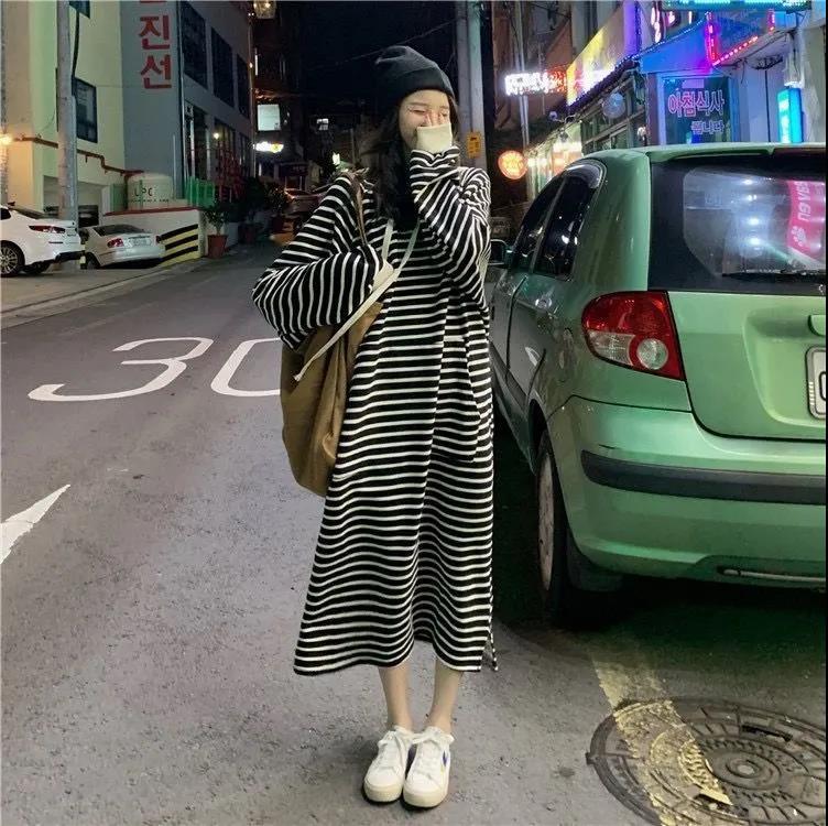 Striped Drawstring Hooded Long Sweater Dress (MS071) - Mariam's Collection