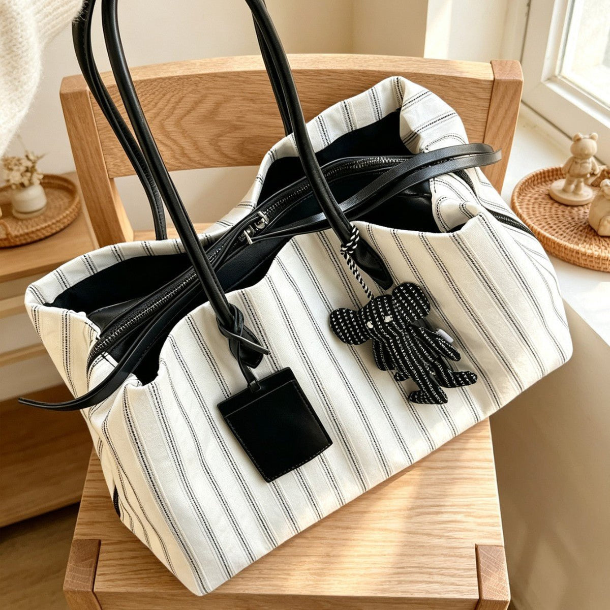 Striped Shoulder Tote Bag – Large Commuter Tote Bag