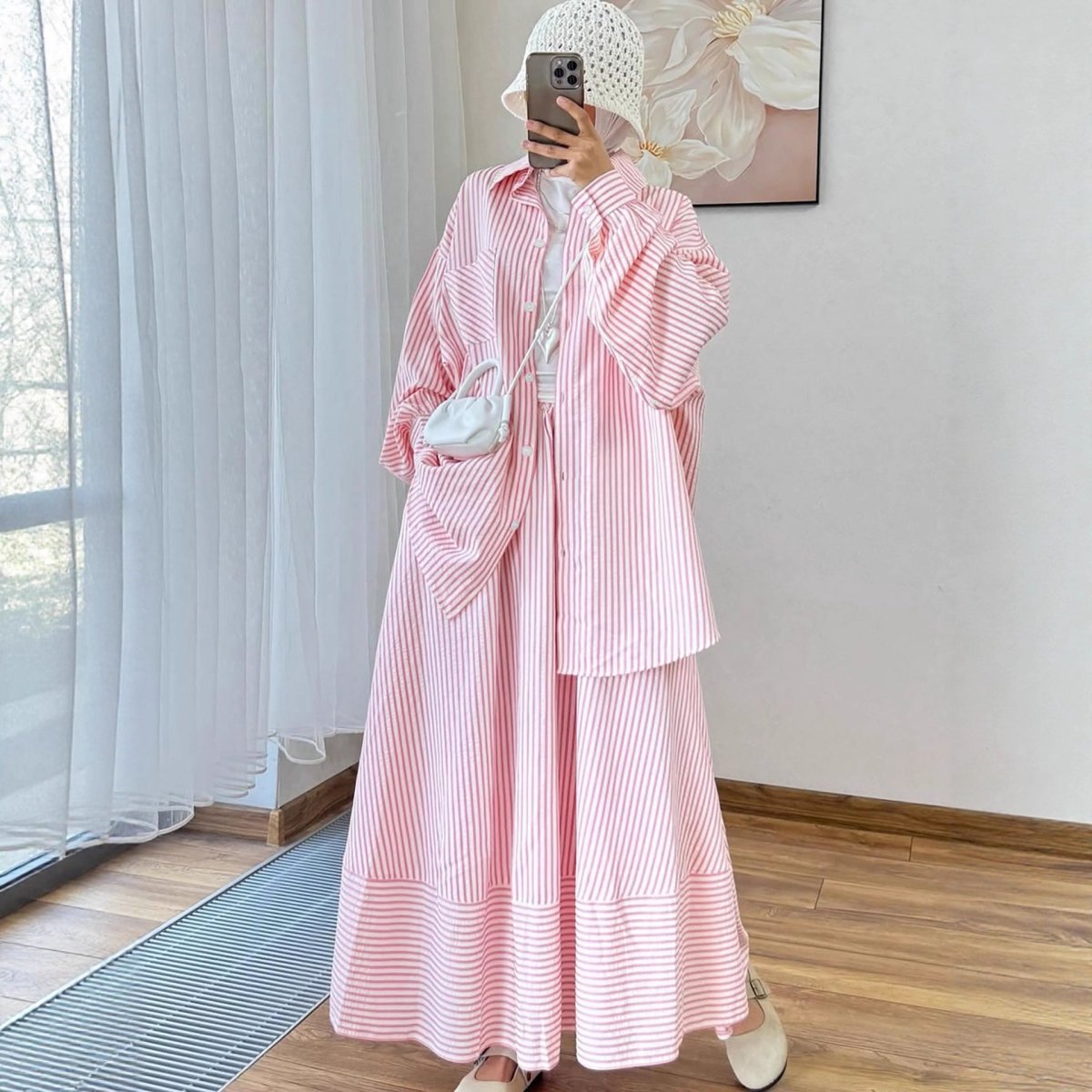 Striped Oversized Shirt & Maxi Skirt Set — Casual Modest Stripe Co-Ord