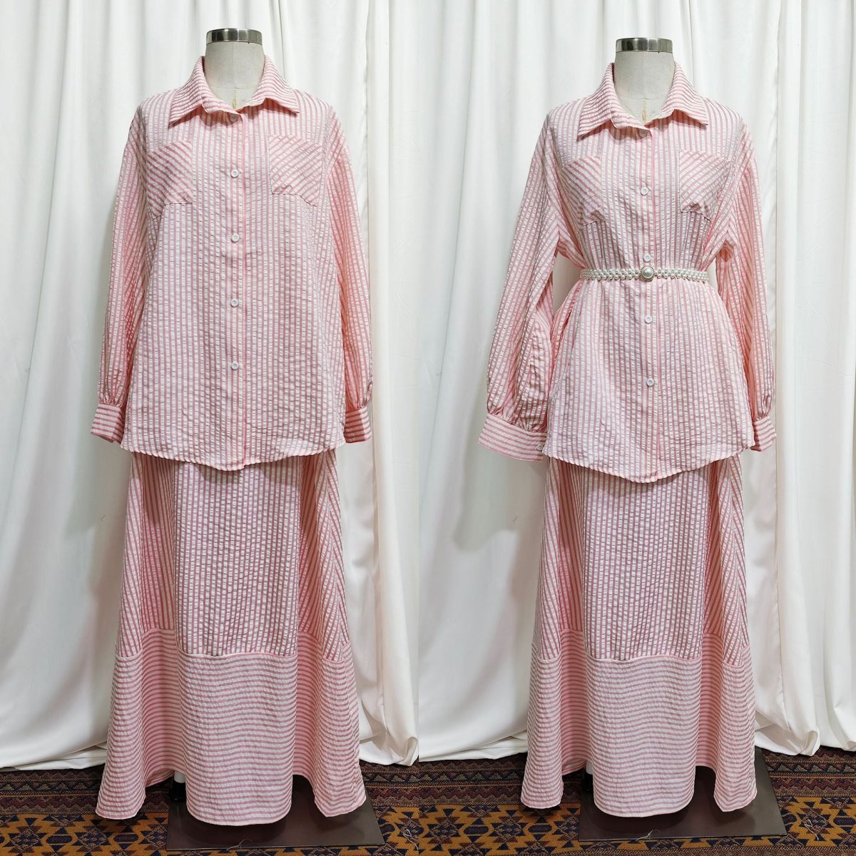 Pink striped modest two-piece with effortless casual styling