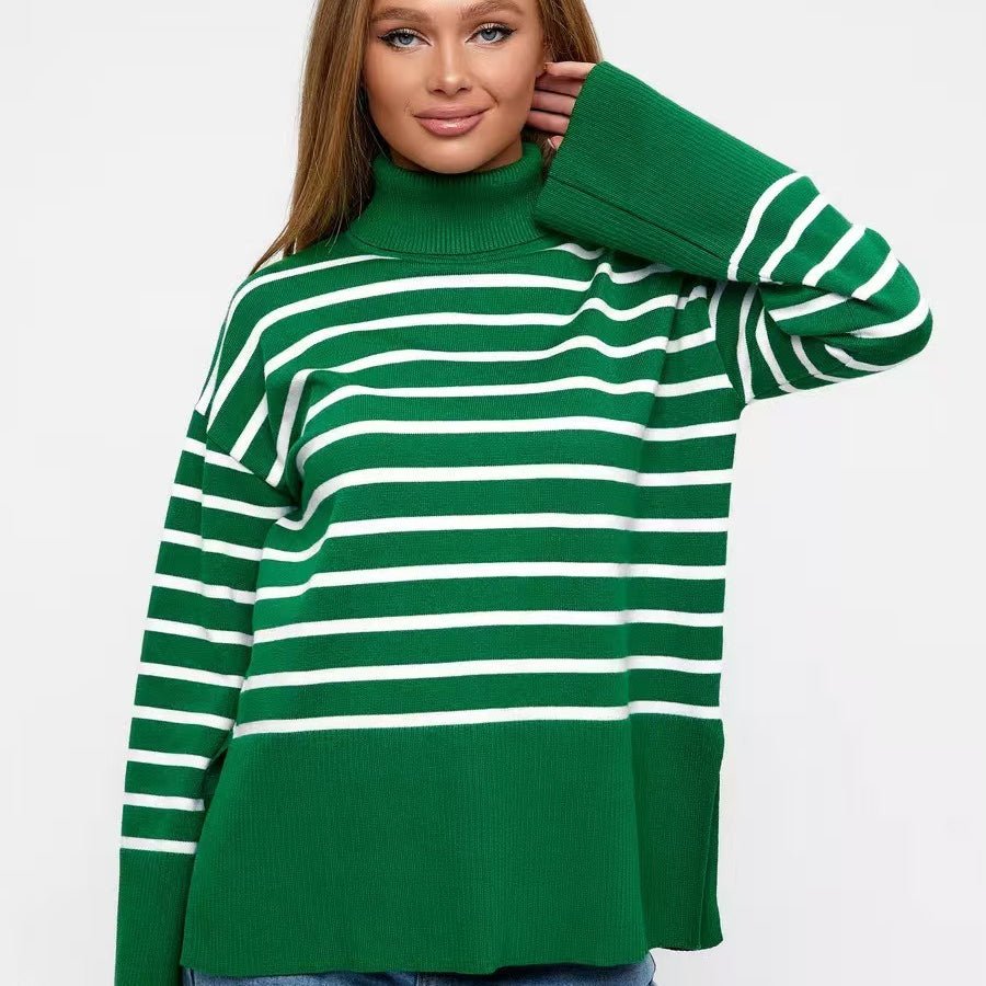 Striped Turtleneck Sweater | Oversized Colorblock Pullover(MS252) - Mariam's Collection