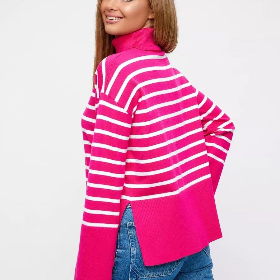 Striped Turtleneck Sweater | Oversized Colorblock Pullover(MS252) - Mariam's Collection