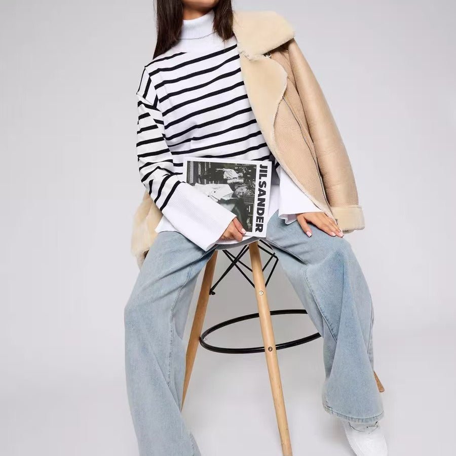 Striped Turtleneck Sweater | Oversized Colorblock Pullover(MS252) - Mariam's Collection