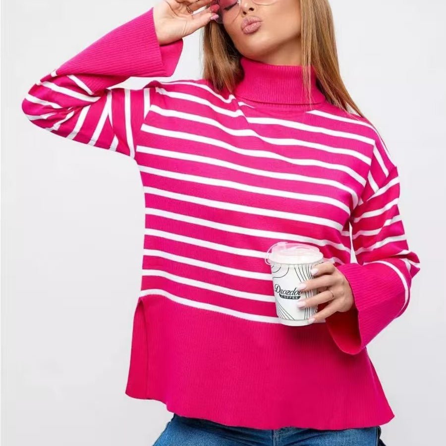 Striped Turtleneck Sweater | Oversized Colorblock Pullover(MS252) - Mariam's Collection