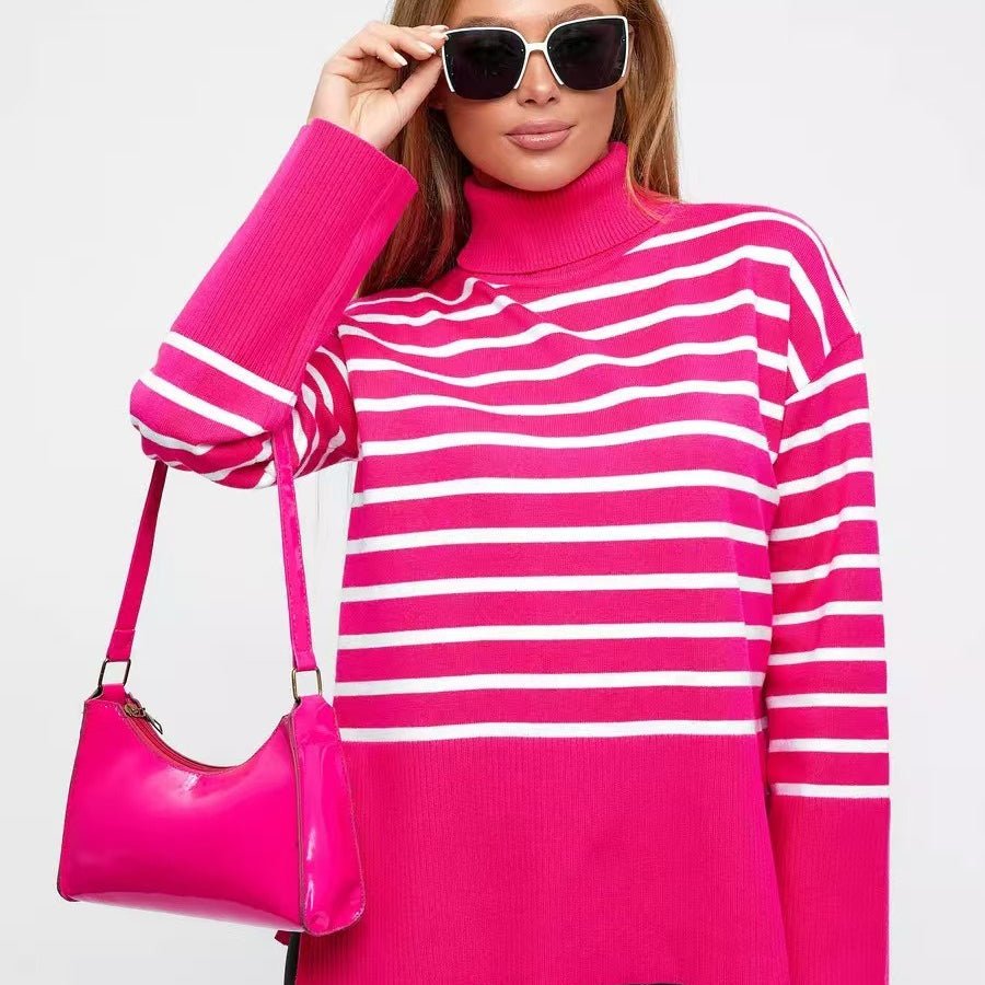 Striped Turtleneck Sweater | Oversized Colorblock Pullover(MS252) - Mariam's Collection