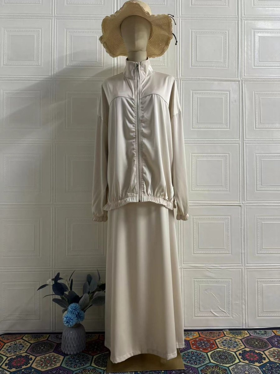 Summer New Satin Long Sleeve Modest Fashion Waist Drop Long Dress Set (MS079) - Mariam's Collection