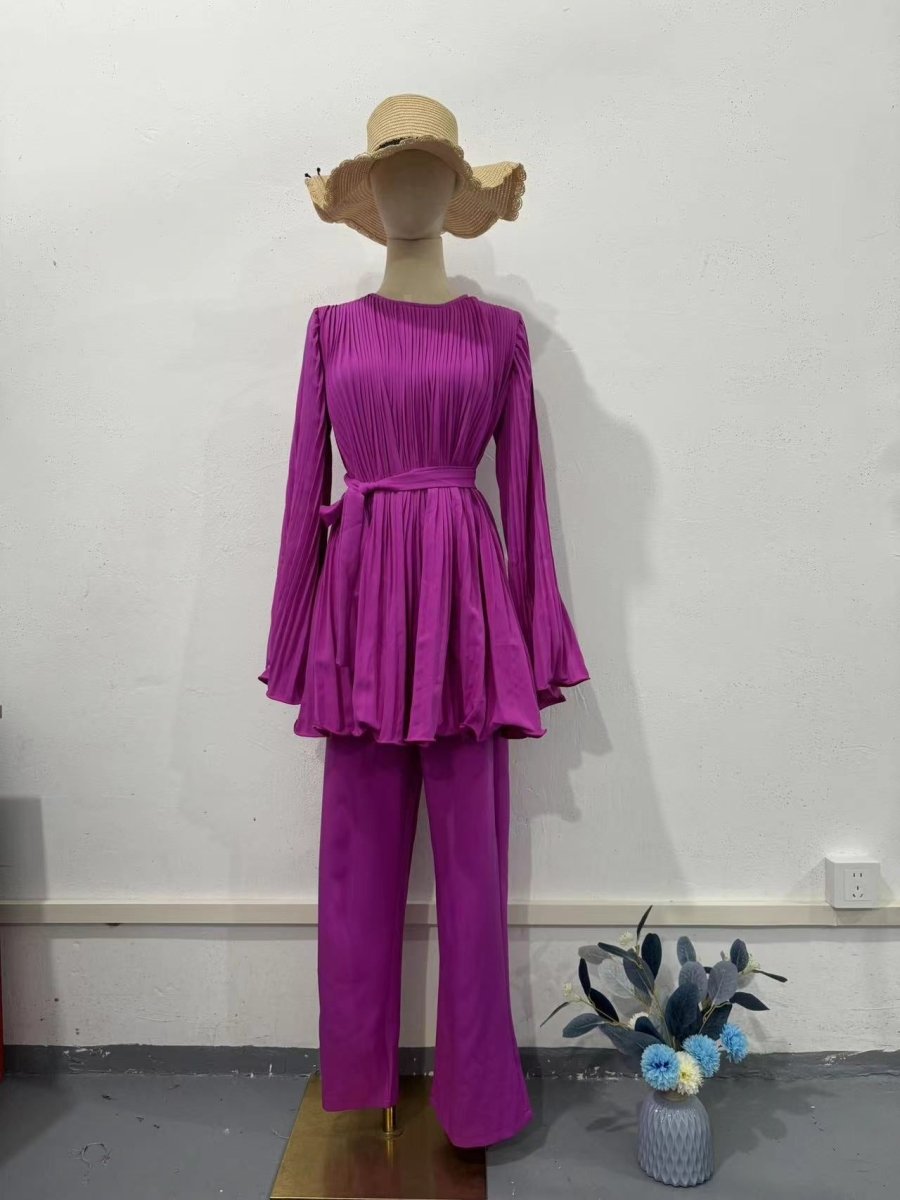 Summer Pleated Design Breathable Loose Pants Two - Piece Set .(MS083) - Mariam's Collection