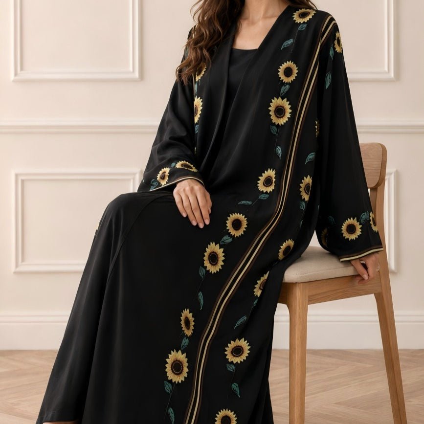 Sunflower Print Gold Trim Open Abaya(MOA338) - Mariam's Collection