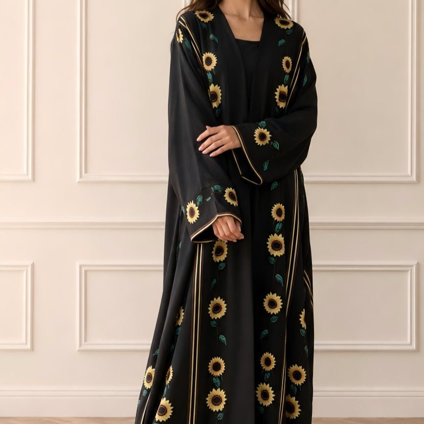Sunflower Print Gold Trim Open Abaya(MOA338) - Mariam's Collection