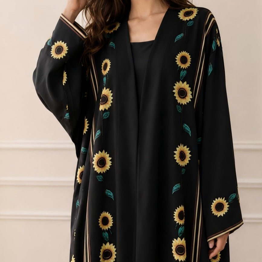 Sunflower Print Gold Trim Open Abaya(MOA338) - Mariam's Collection